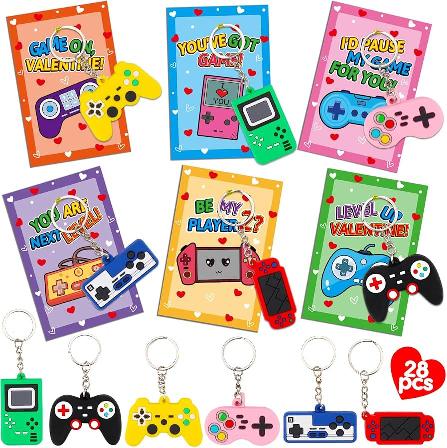 28PCS Video Game Keychains Valentines Day Cards for Kids School Classroom Funny Valentine Exchang... | Amazon (US)