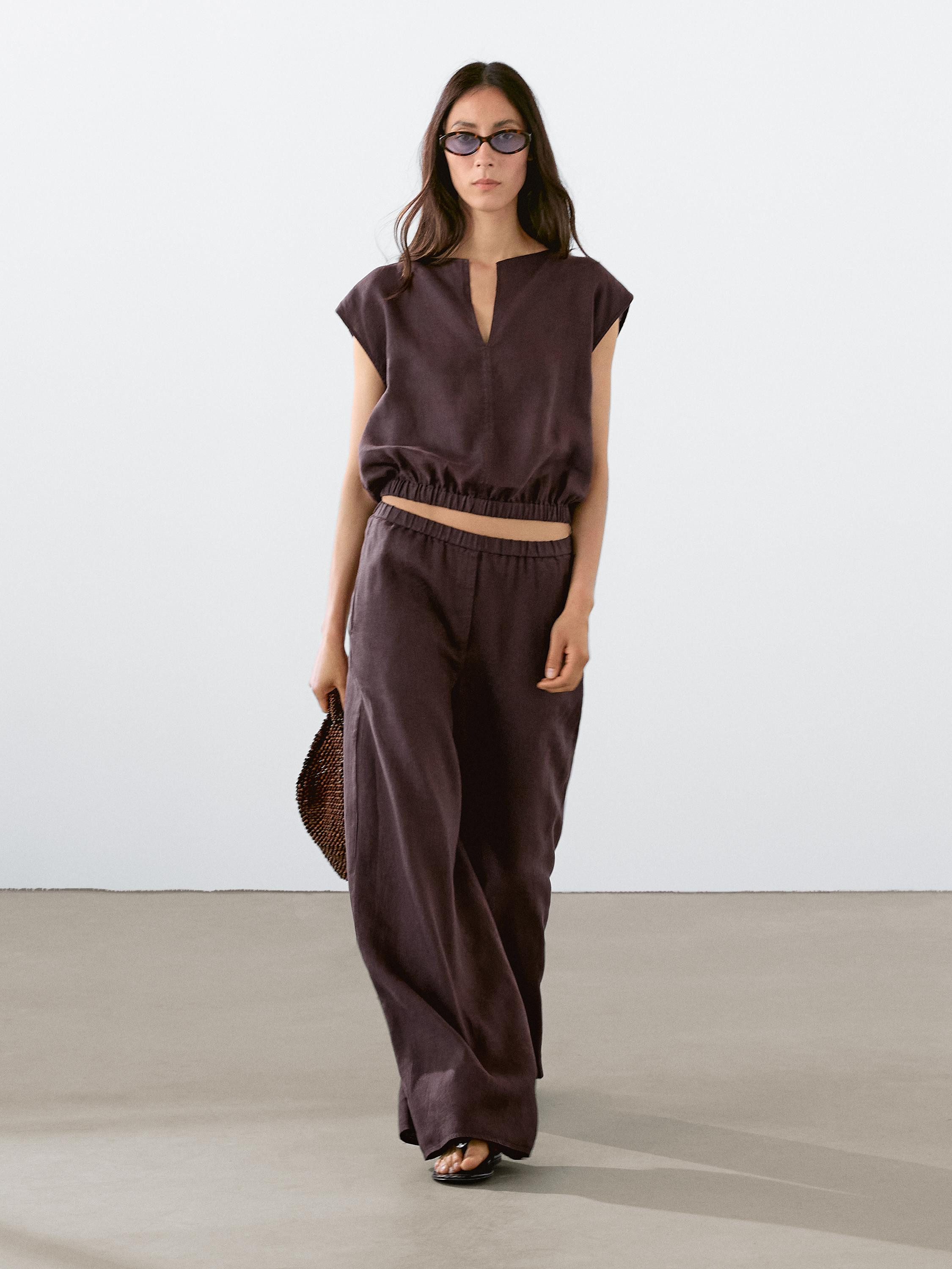 Linen blouse with elasticated hem | Massimo Dutti UK