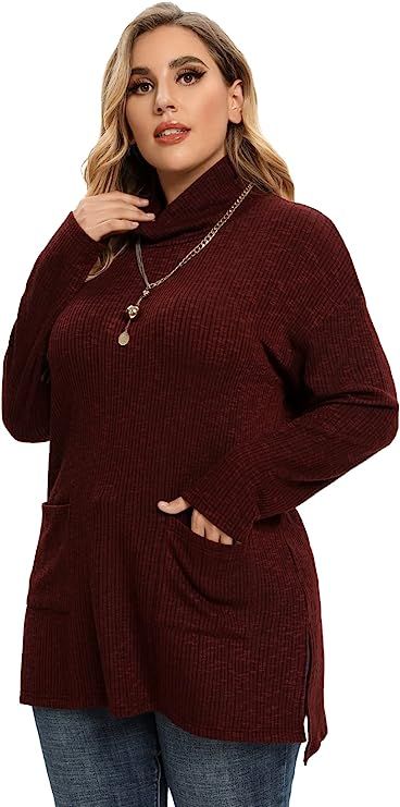 LARACE Women Turtleneck Knit Sweater Plus Size Side Split Pullover Tops with Pockets Long Sleeve ... | Amazon (US)
