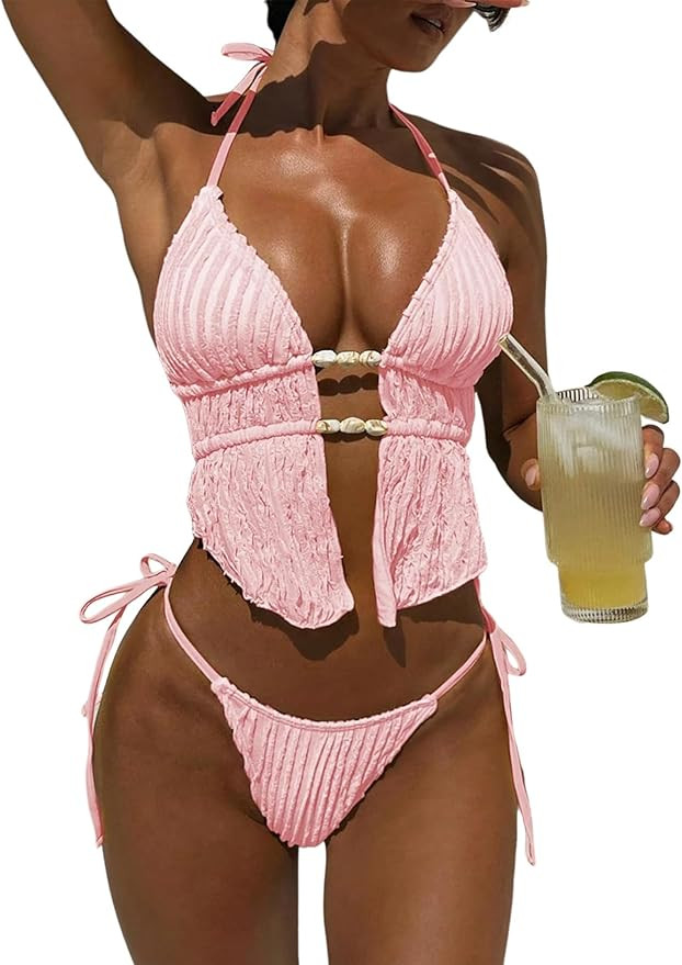 ZAFUL Halter Swimsuits for Women Textured Backless 2 Piece Bathing Suits Cheeky High Cut String T... | Amazon (US)