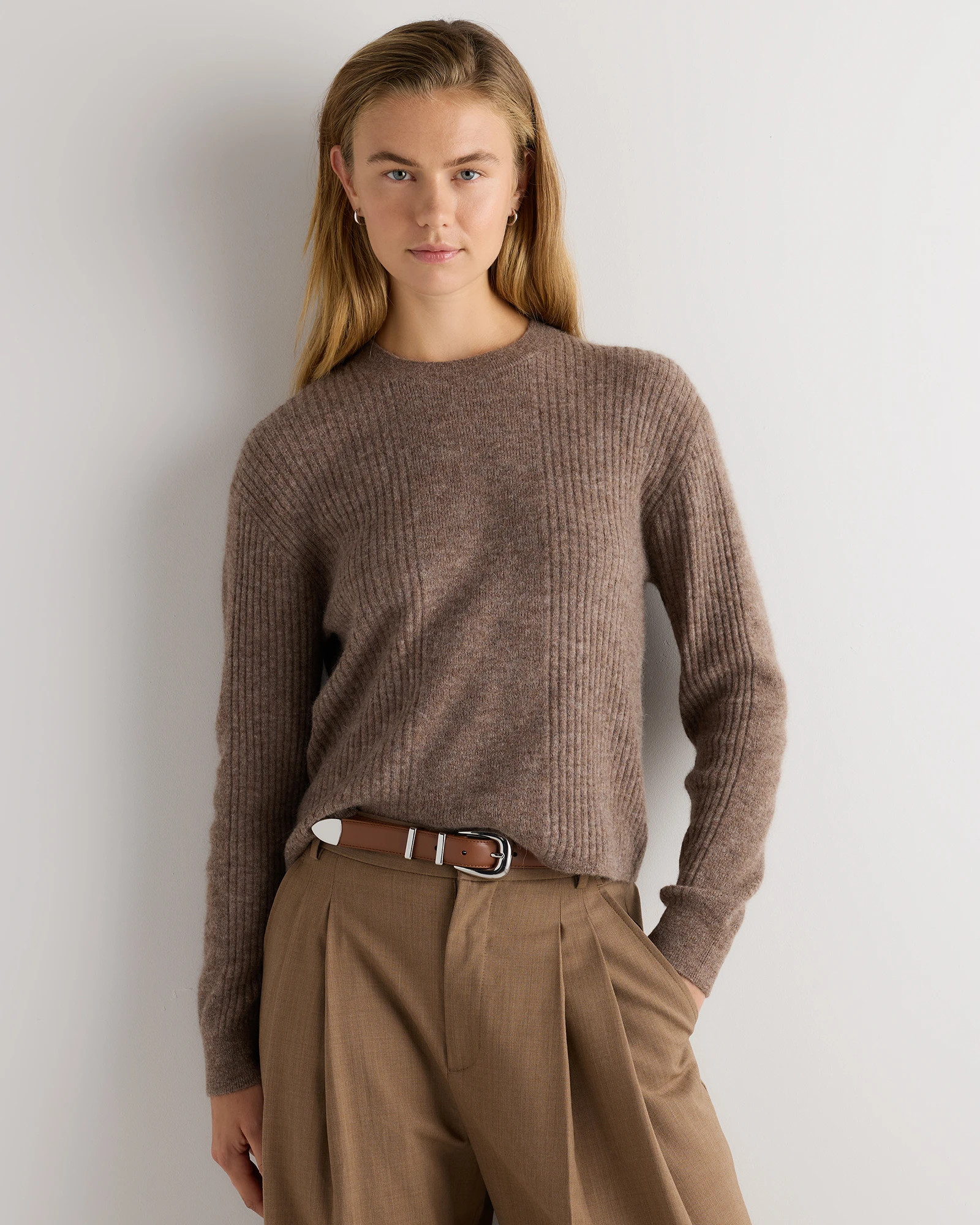 Quince | Women's Lightweight Baby Alpaca Ribbed Crewneck Sweater in Smoked Charcoal, Size Small | Quince