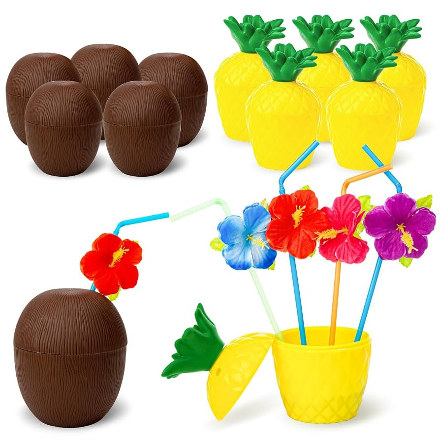FUTUREPLUSX 12 Pineapple Coconut Cups with 12 Drink Straws, Tropical Hawaiian Luau Decorations an... | Amazon (US)