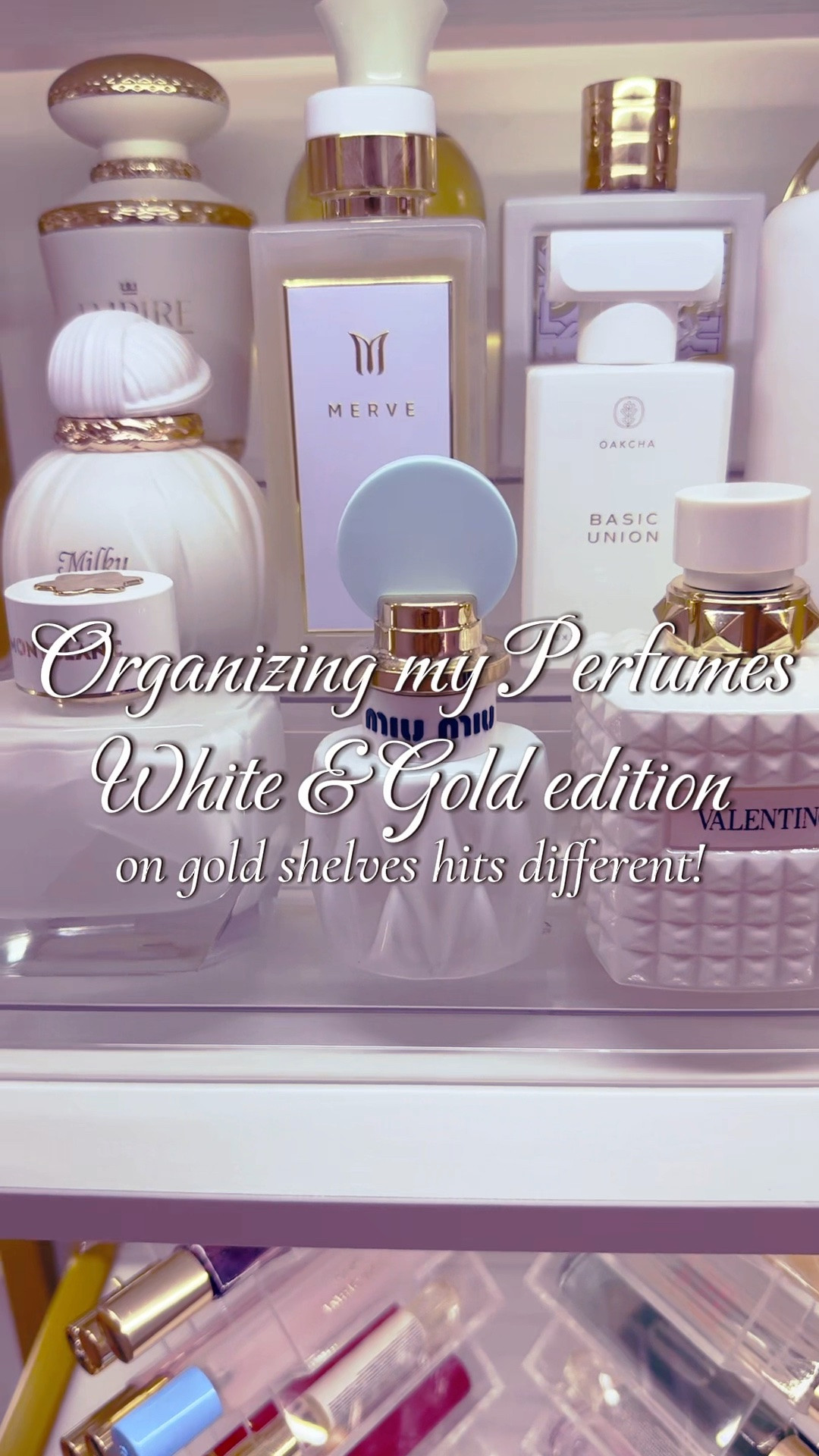 This update features heavy-duty gold metal shelving paired with LED display lighting to create a high-end luxury boutique vibe right at home. It is the perfect storage solution for displaying a luxury fragrance collection, especially against chic white and gold perfume bottles.

#LTKSeasonal #LTKBeauty #LTKHome