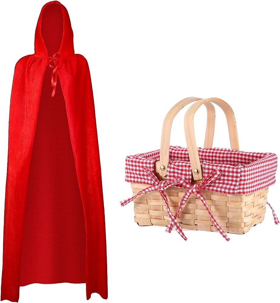 Red Cape, Red Hooded Cape with Small Basket Lined with Gingham Lining, Full Long Velvet Cape with... | Amazon (US)