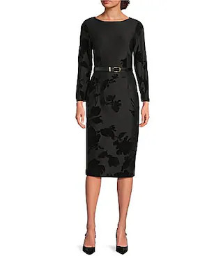 Donna Karan Floral Print Flocked Scuba Boat Neck 34 Sleeve Belted Midi Dress - 14 | Dillard's