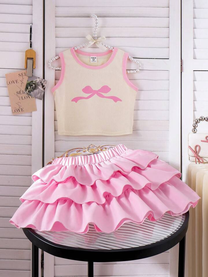 Genkimix Kids 2pcs/Set Girl's (Small) Cute Khaki Racer Back Vest With Fashionable Bow Decor And Black Pleated Skirt, Comfortable Casual Outfit | SHEIN