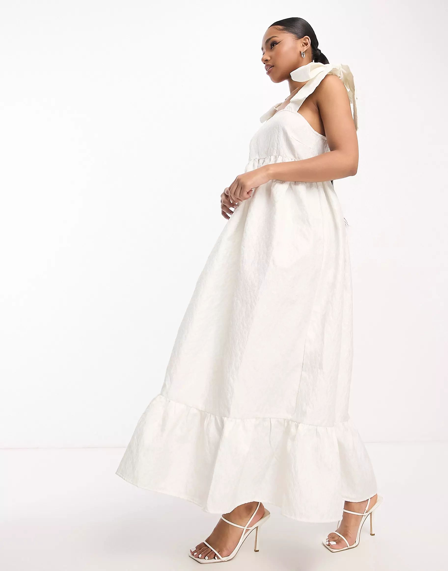 Pieces exclusive Bride To Be tiered jacquard maxi dress with oversized bow cami sleeves in white | ASOS (Global)