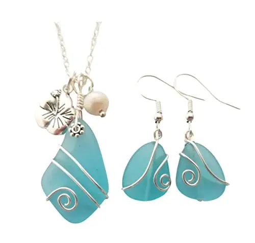 Wire wrapped Turquoise Bay blue sea glass necklace + earrings set,"December Birthstone", Hibiscus... | Amazon (US)