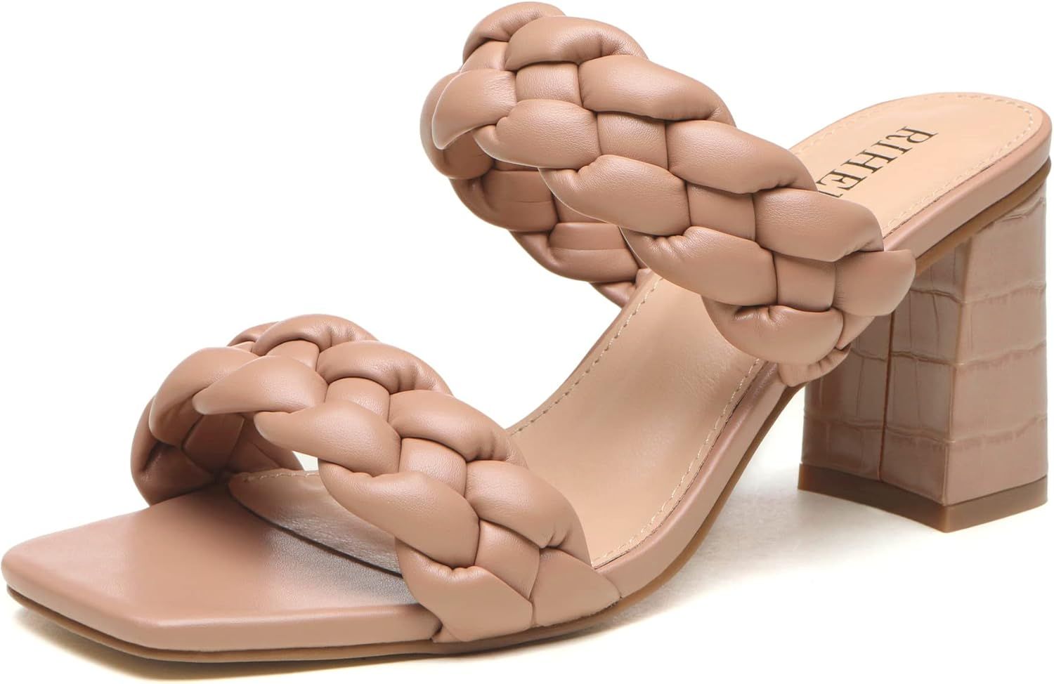 Rihero Women's Braided Heeled Sandals Strappy Square Toe Slip On Chunky Heels | Amazon (US)