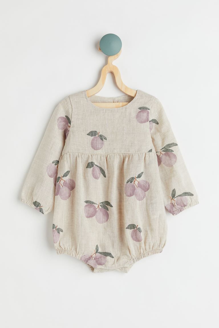 Baby Exclusive. Long-sleeved romper suit in printed linen with a gathered seam at the top and an ... | H&M (US + CA)