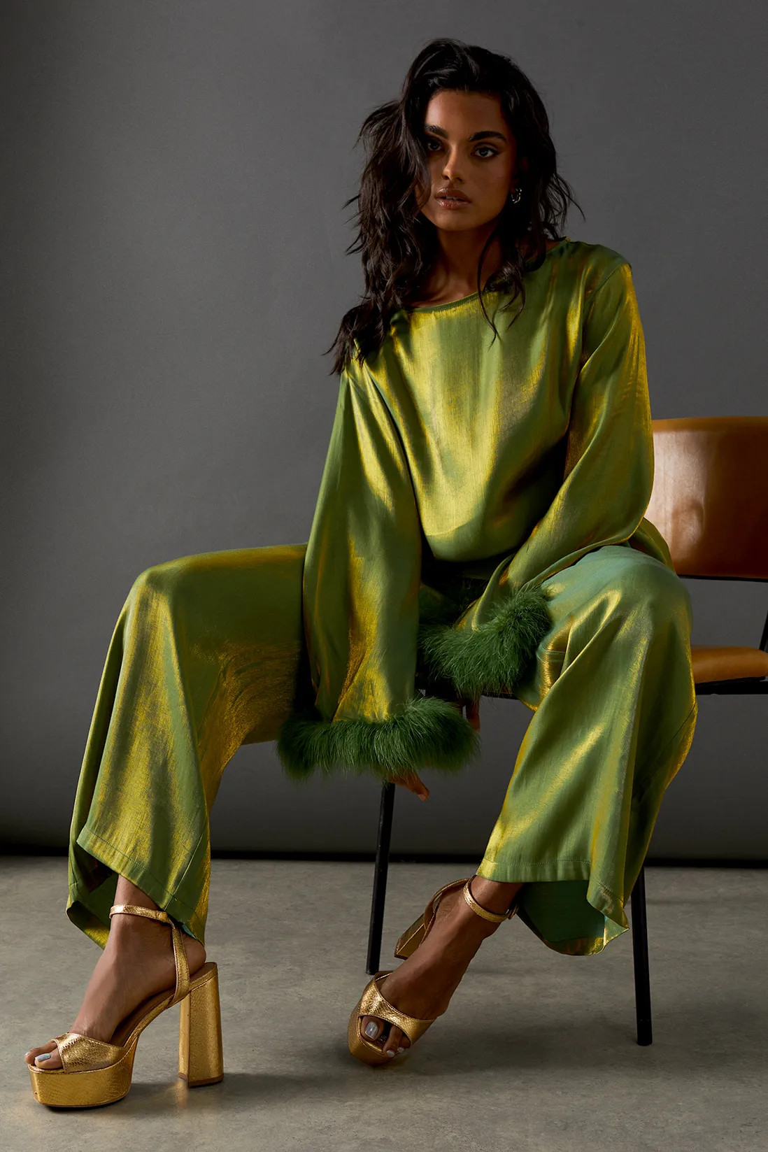 Tops | Iridescent Satin Feather Cuff Relaxed Top | Warehouse | Warehouse UK & IE