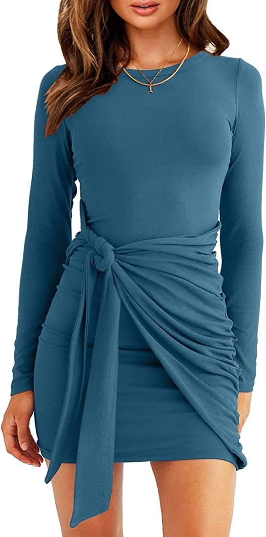 LETSRUNWILD Women's Fall T-Shirt Dress Crew Neck Ruched Tie Waist Long Sleeve Solid Casual Bodyco... | Amazon (US)