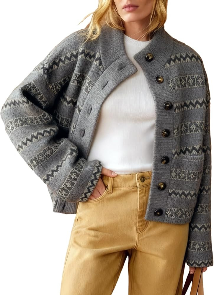 Arssm Womens Button Up Cardigan Sweater Crewneck Jacquard Knit Long Sleeve Color Block Cardigan J... | Amazon (US)