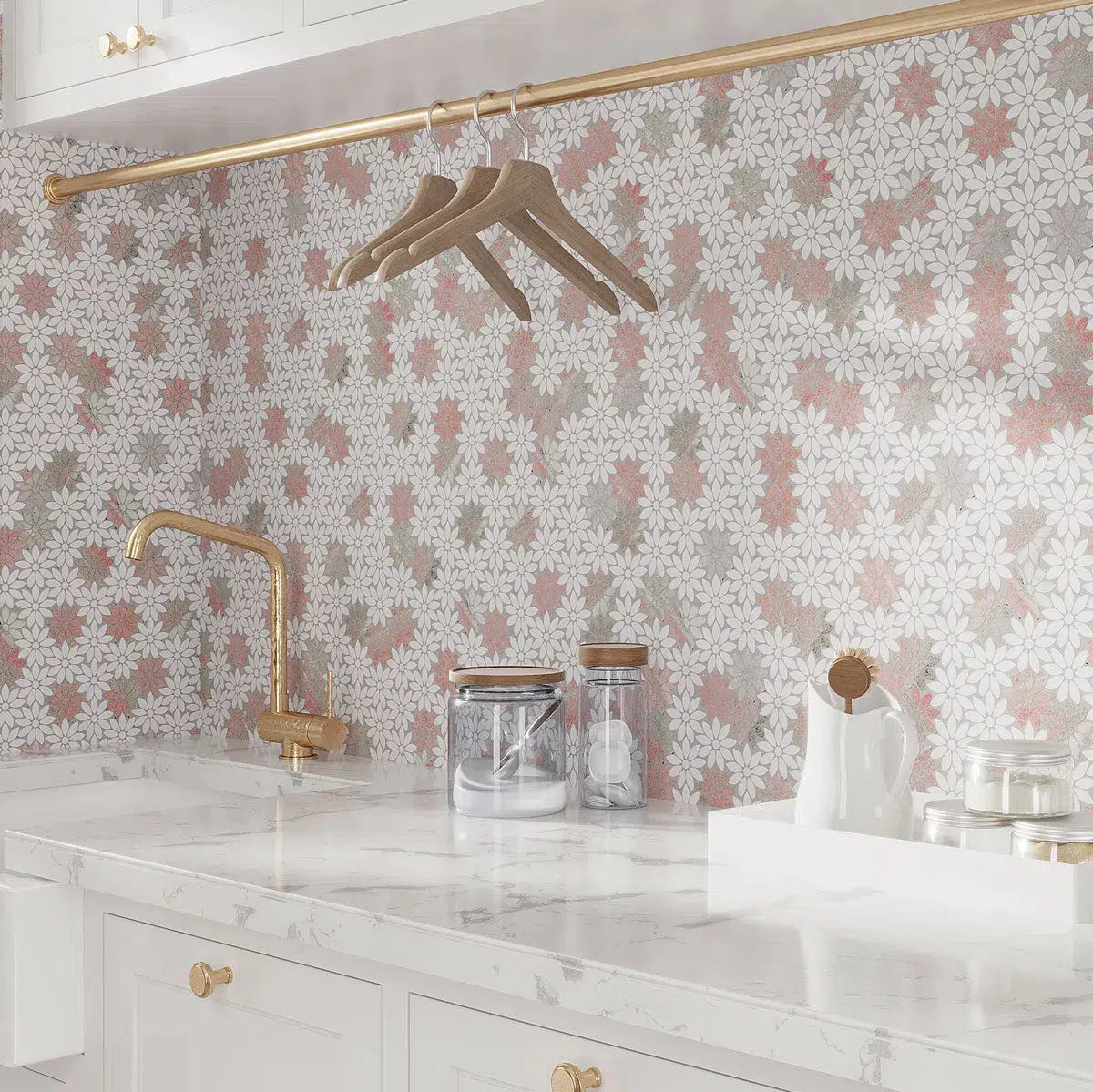 Meadow Norwegian Rose Flower Marble Mosaic Tile | Tile Club