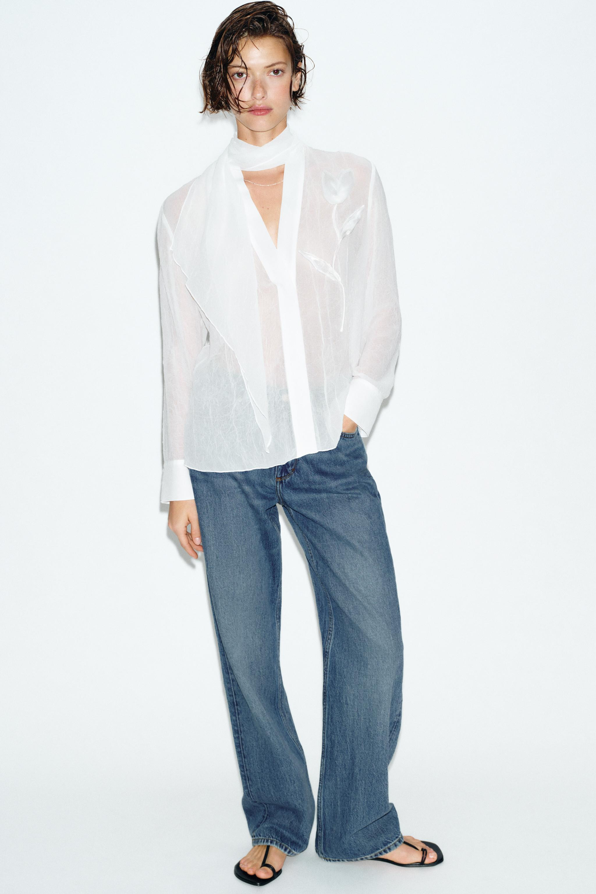 SEMI-SHEER BLOUSE WITH FLOWER | Zara UK