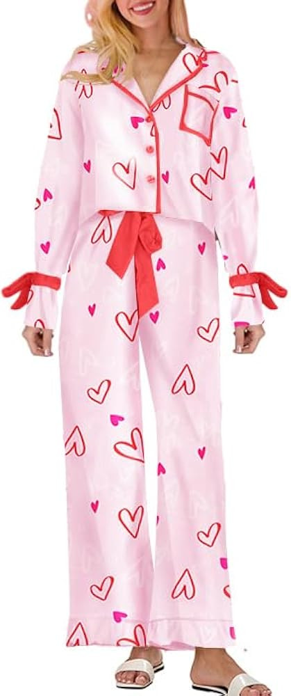 Womens Satin Silk Bow Tie Pajamas Cute Holiday Pjs Set Y2k Ribbon Sleeve Pajama Shirt Ruffle Pant... | Amazon (US)
