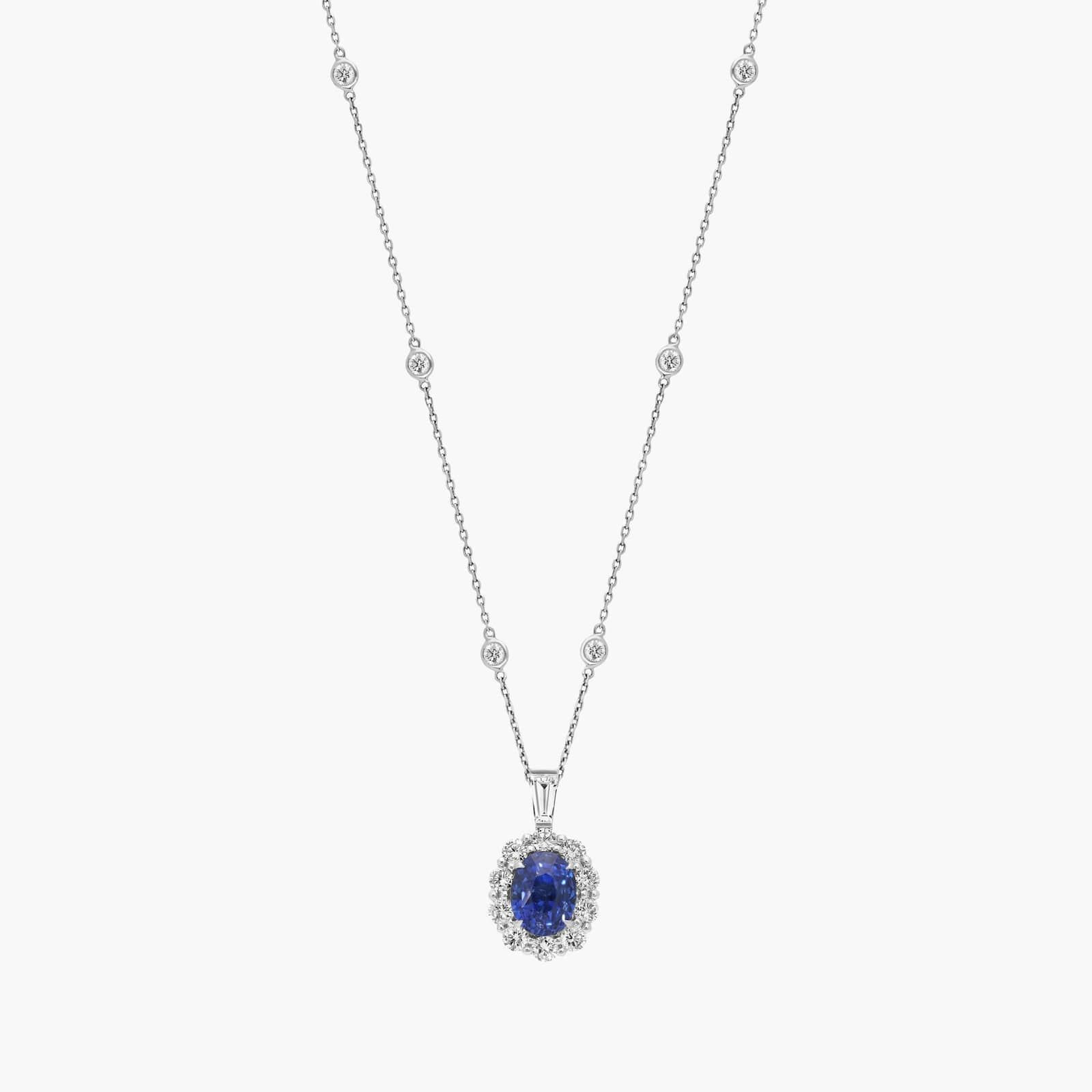 Oval Cut Sapphire & Diamond Halo Pendant Necklace with 3.5 CTW Baguette And Round Cut Diamonds in... | Blue Nile