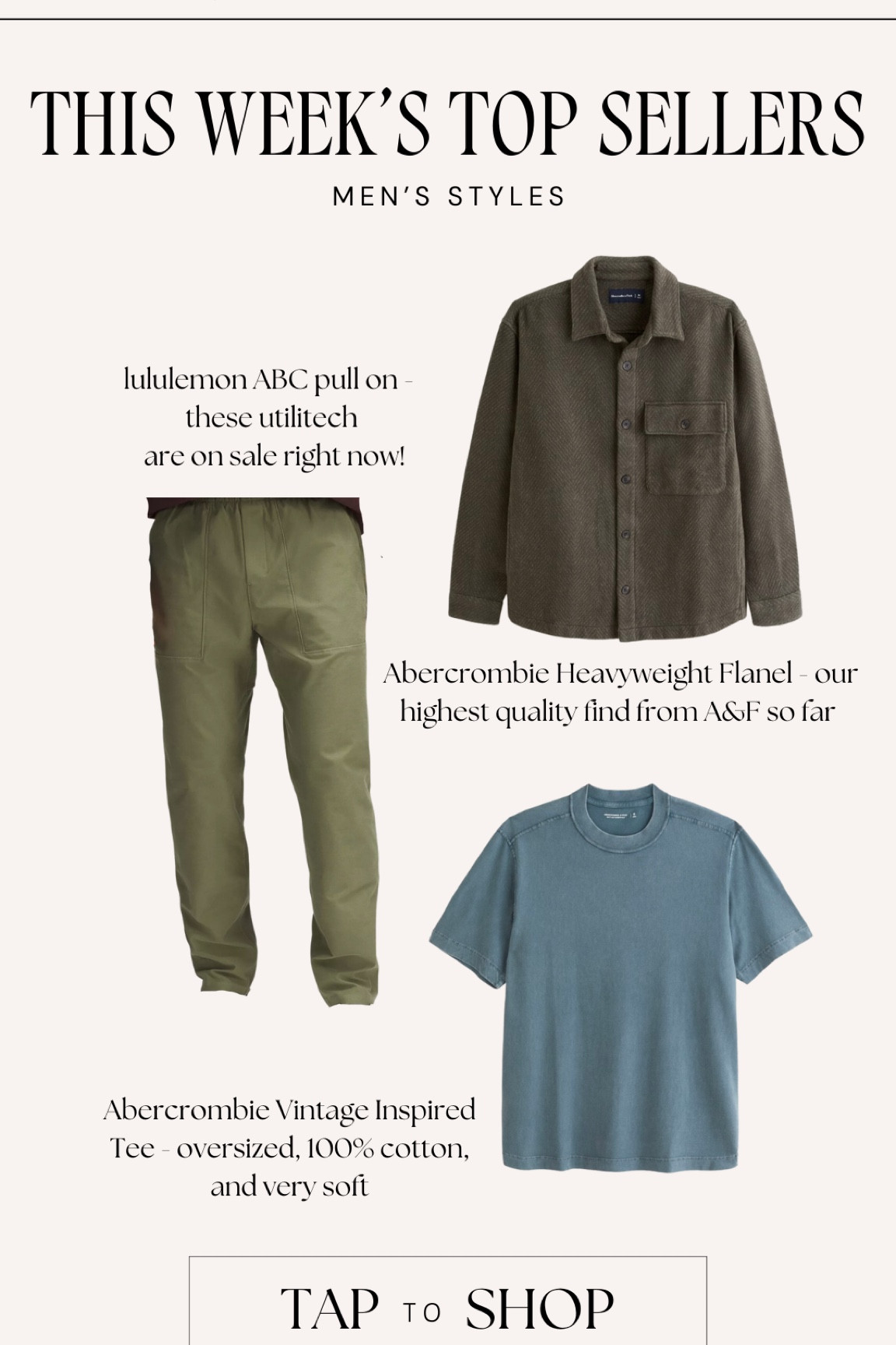 Top sellers this week - some staples from lululemon and Abercrombie

Pull on pants are on sale right now, and Abercrombie’s running 25% off site wide!

#LTKCyberWeek #LTKsalealert #LTKmens