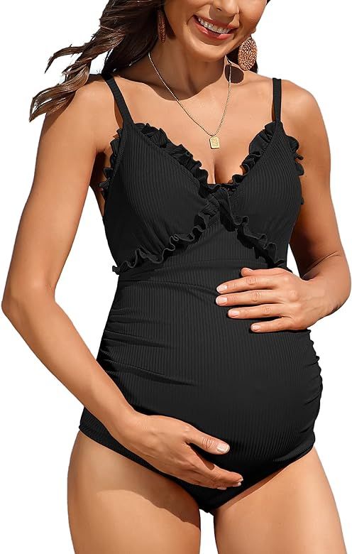 Charmo Maternity Swimsuits Two Piece High Waist Ruched Floral Maternity Bikini Set V Neck Pregnan... | Amazon (US)