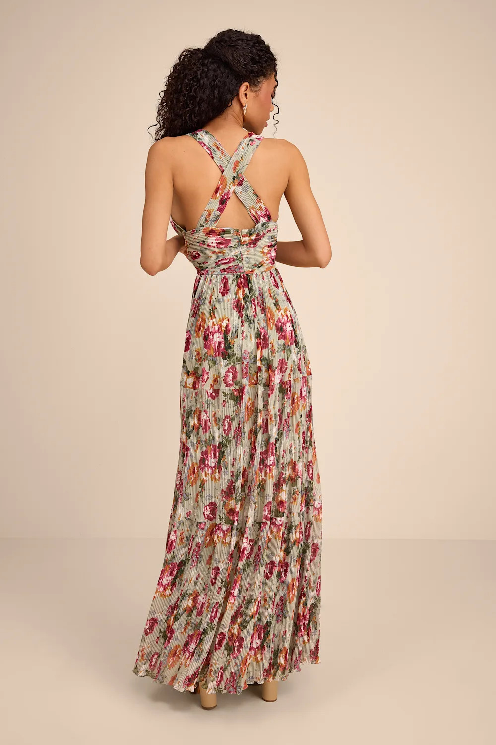 Leora Sage Floral Pleated Tiered Maxi Dress | Lulus