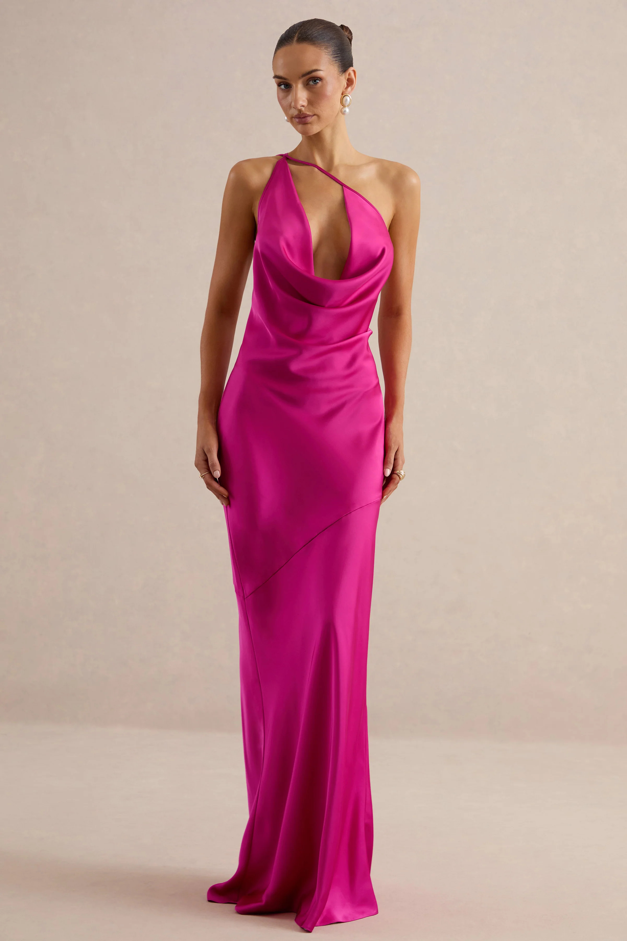 Kamalyn | Hot Pink Satin Asymmetric-Neck Maxi Dress | Club L London