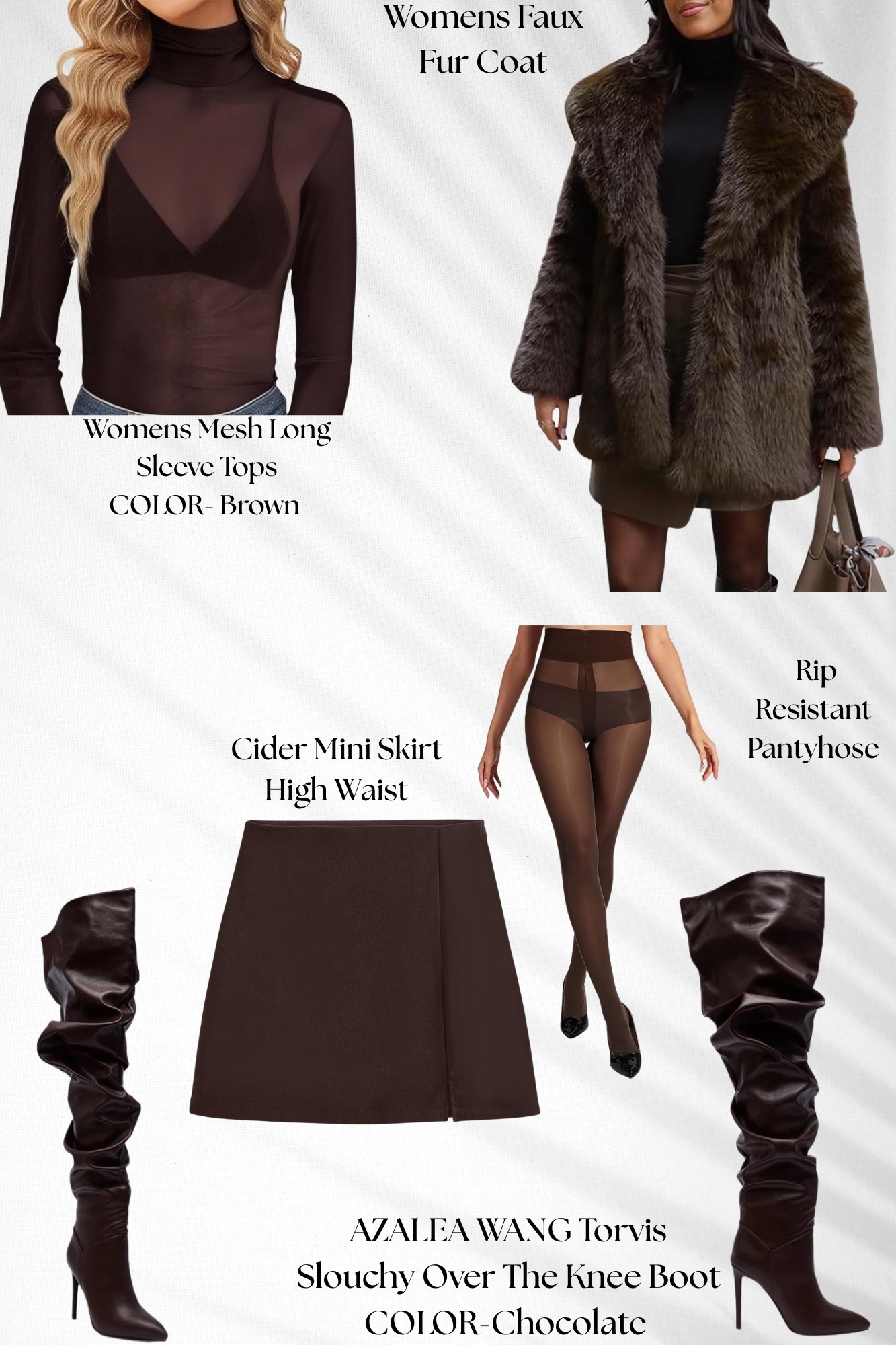 Brown mesh long-sleeve top + Cider high-waist mini skirt + rip-resistant tights + Azalea Wang Torvis slouchy OTK boots (chocolate).

#LTKootd #LTKBeauty #LTKSaleAlert