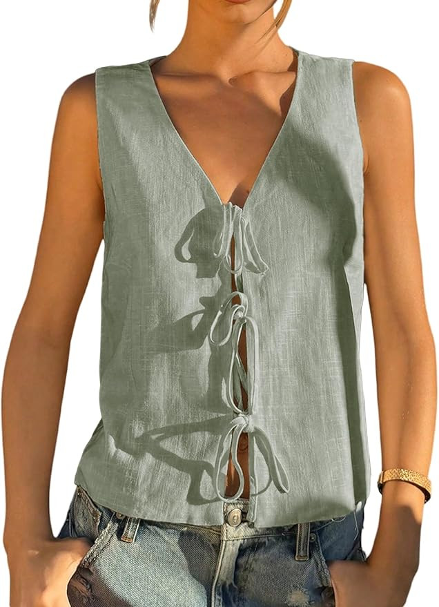 Verdusa Women's Linen Clothes Tie Front Tops Going Out Top Trendy Sleeveless Vest Shirts | Amazon (US)