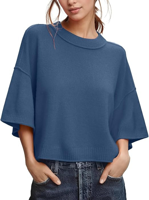 Womens Oversized Sweaters Summer Short Sleeve Casual Cropped Knit Tops | Amazon (US)