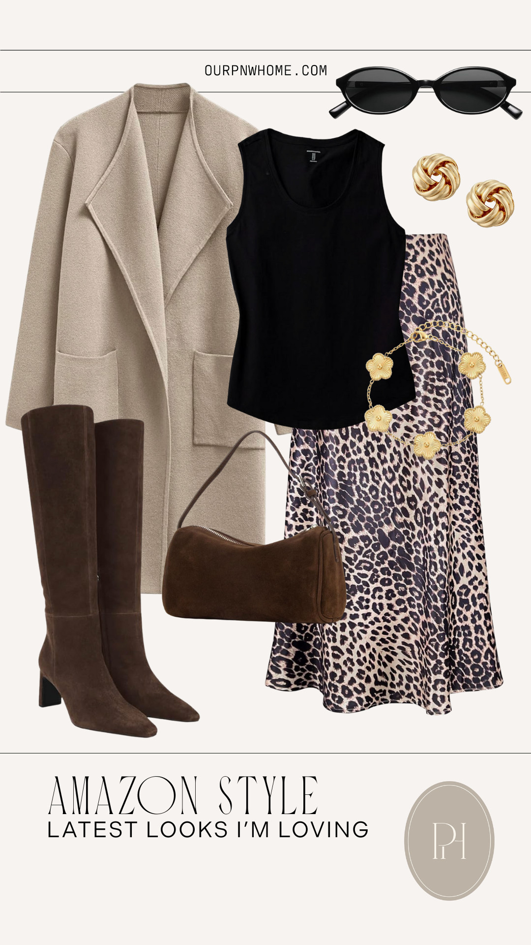Super chic Amazon style finds for fall!

leopard skirt, satin skirt, midi skirt, fall fashion, fall style, fall outfit, fall looks, black tank top, neutral jacket, long cardigan, oval sunglasses, cardigan sweater, sweater jacket, knot earrings, stud earrings, brown handbag, suede handbag, brown boots, knee high boots, high heeled boots, gold clover bracelets, gold jewelry, gold accessories 

 #LTKStyleTip #LTKShoeCrush #LTKItBag