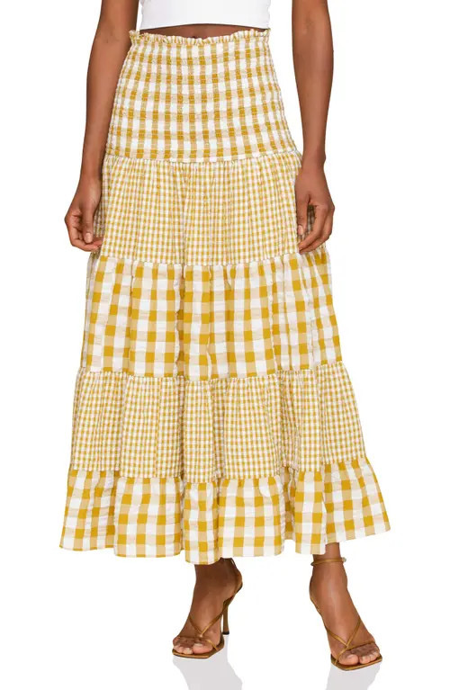 Avec Les Filles Mixed Print Tiered Cotton Gingham Maxi Skirt in Olio Gingham at Nordstrom, Size X-Small | Nordstrom
