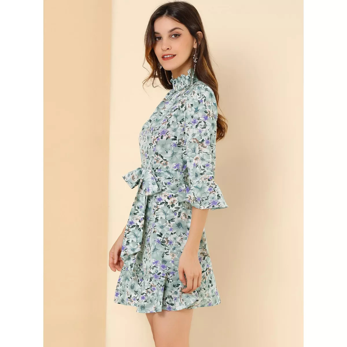 Allegra K Women's Regular Fit Floral 3/4 Bell Sleeve Smocked Belted Flare Ruffle Dress | Target