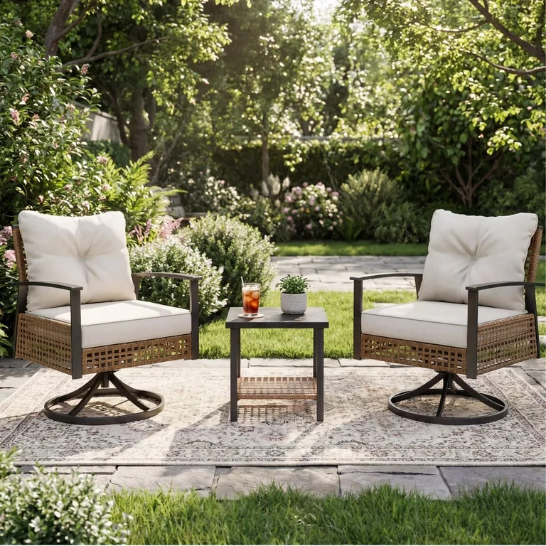 LAUSAINT HOME 3 Pieces Patio Outdoor Furniture Set with 2-Tier Coffee Table, PE Wicker Swivel & R... | Walmart (US)