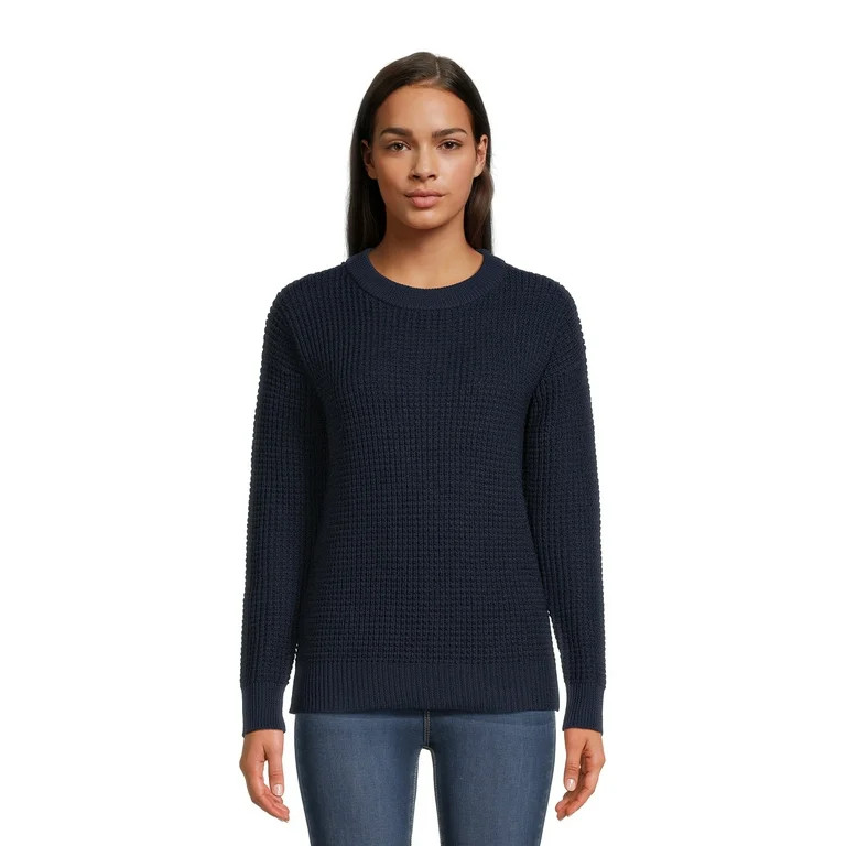 Time and Tru Women's Long Sleeve Waffle Crewneck Pullover Sweater - Walmart.com | Walmart (US)