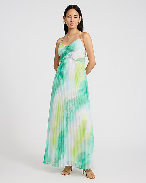 Printed Pleated V-Neck Sleeveless Maxi Dress | Express