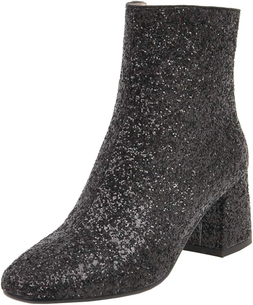 MAVMAX Women's Sequin Glitter Ankle Boots Chunky Heels Sparkly Booties | Amazon (US)