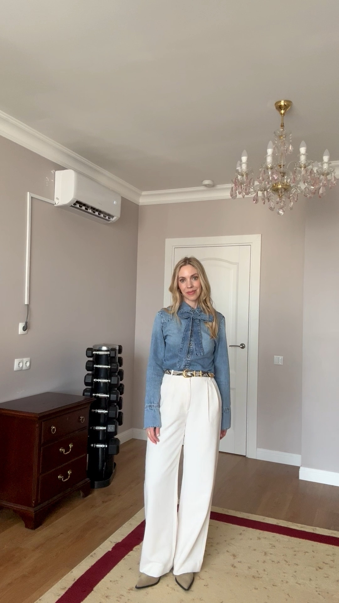 Workwear outfit, denim bow blouse, cream trousers, snakeskin belt, office look, spring outfit 

#LTKWorkwear #LTKOver40 #LTKSeasonal