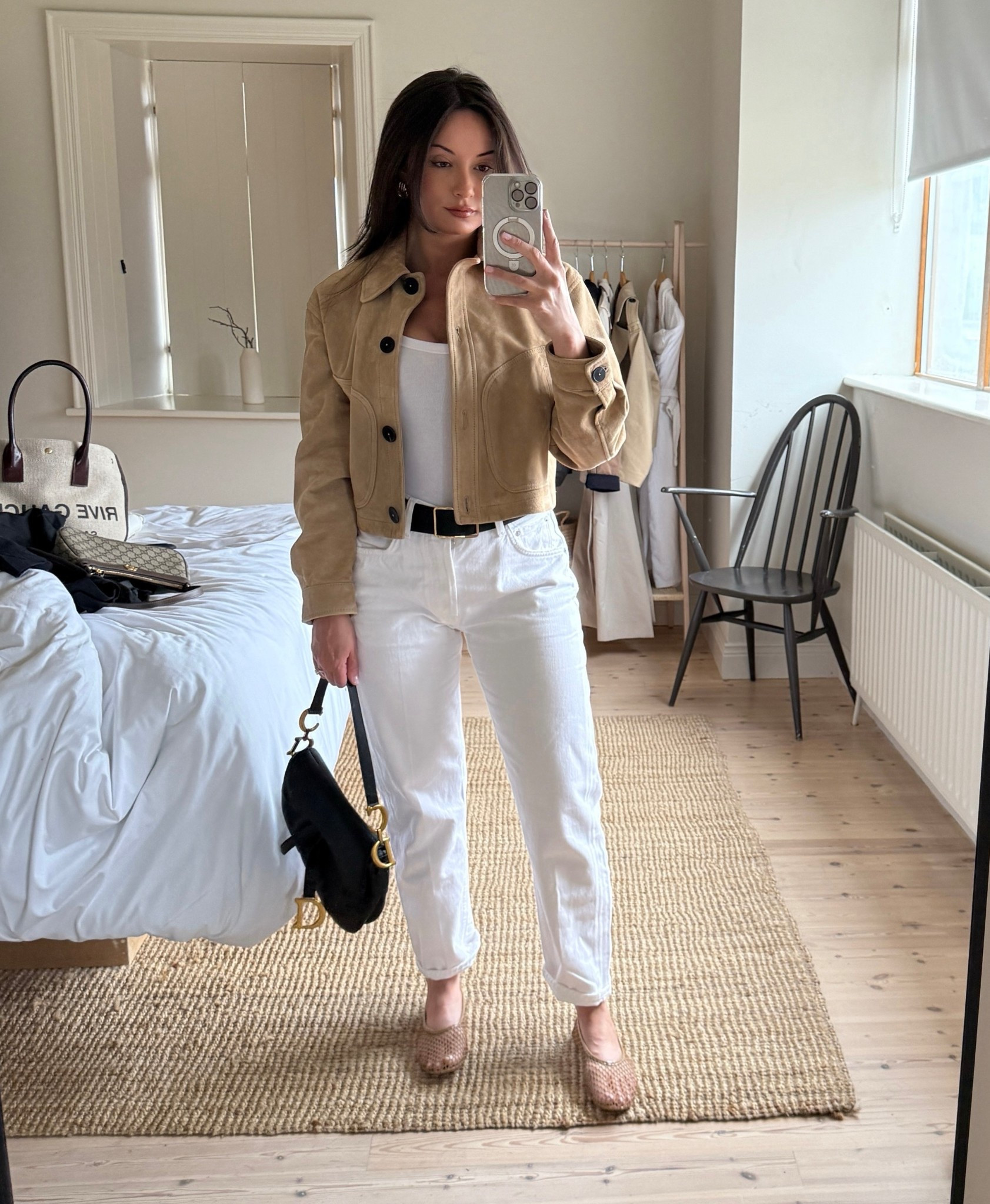 casual outfit, white outfit, white jeans, suede jacket, bodysuit, flats 

#LTKStyleTip #LTKPetite