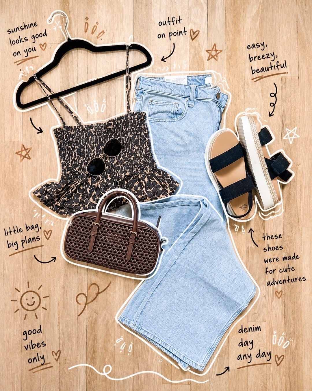 This summer outfit is the perfect mix of trendy and timeless ❤️ Light wash high-waisted wide leg denim paired with the cutest leopard print peplum top from Aerie, wedge sandals, and a gorgeous chocolate brown bag for the perfect elevated casual look. Such a flattering outfit for brunch, date nights, shopping days, or summer outings.