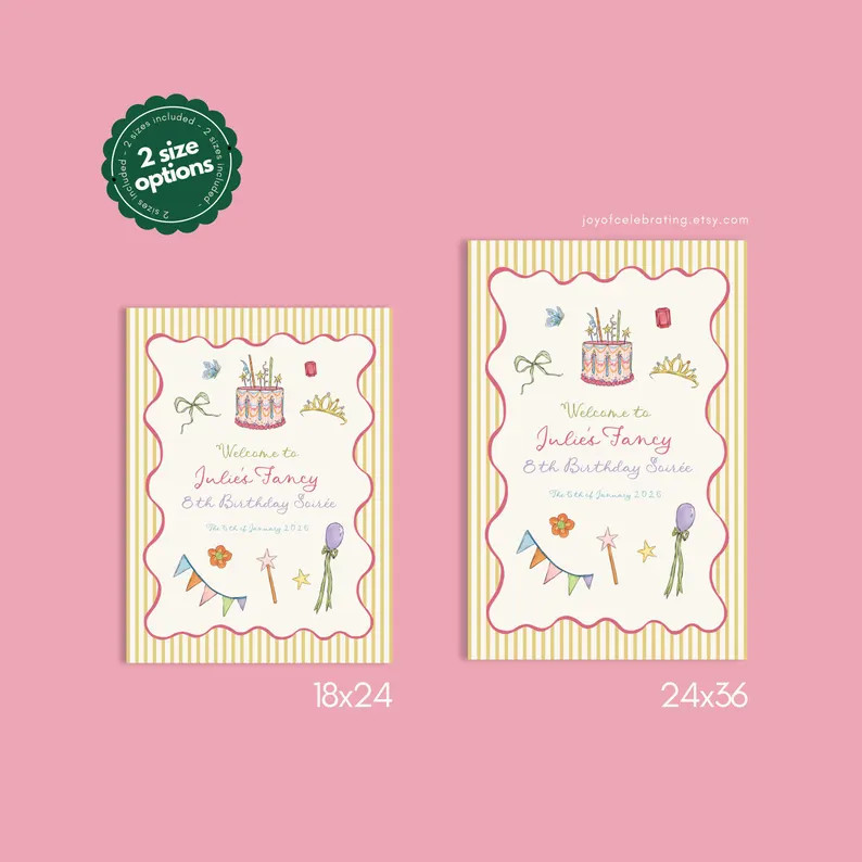 Julie | Colorful Fancy Striped Party Welcome Sign Template, Cute Yellow and Pink Trendy Unique In... | Etsy (US)