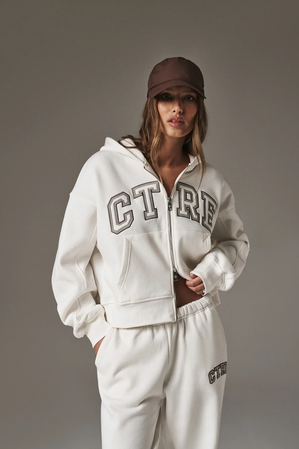 CTRE CROPPED ZIP THROUGH HOODIE - OFF WHITE | The Couture Club