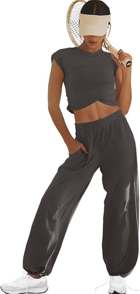 LAMISSCHE Womens Loungewear Set 2 Piece Outfits Sets Cropped Tops and Wide Leg Pants with Pockets... | Amazon (US)