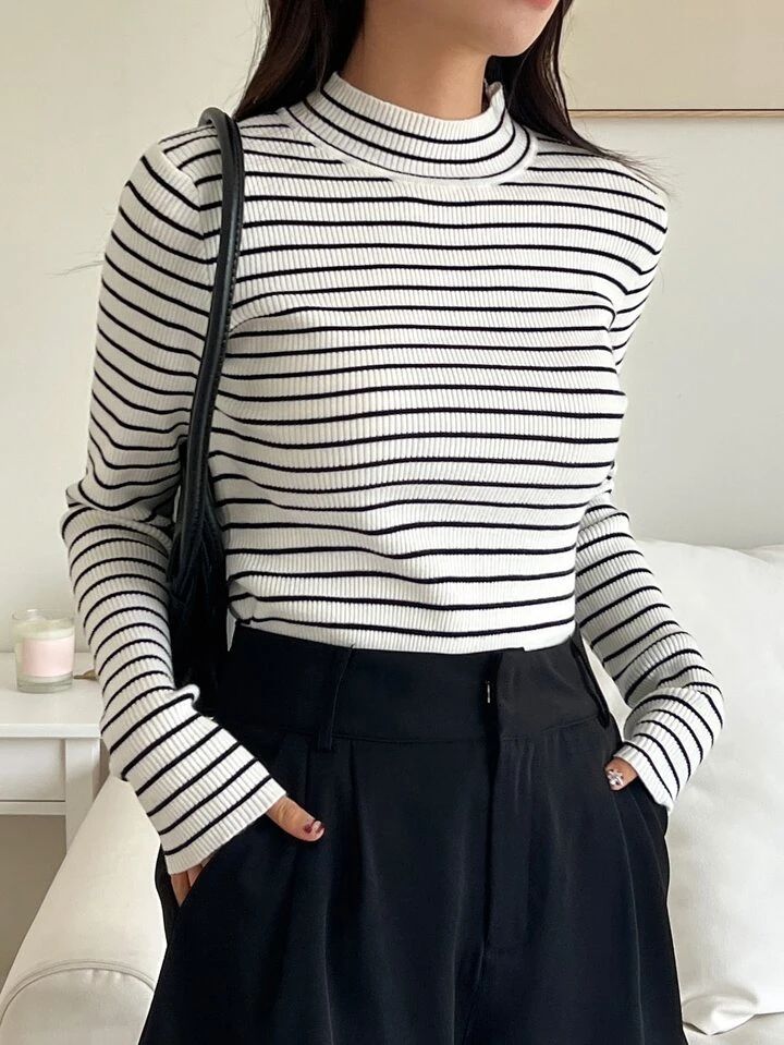 DAZY Kpop Striped Print Stand Collar Knit Sweater | SHEIN