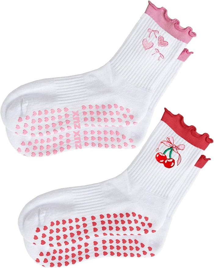 Women Cute Pilates Socks Grip Crew Yoga Socks Ruffle Cuff Embroidery Pattern Workout Ballet Socks | Amazon (US)