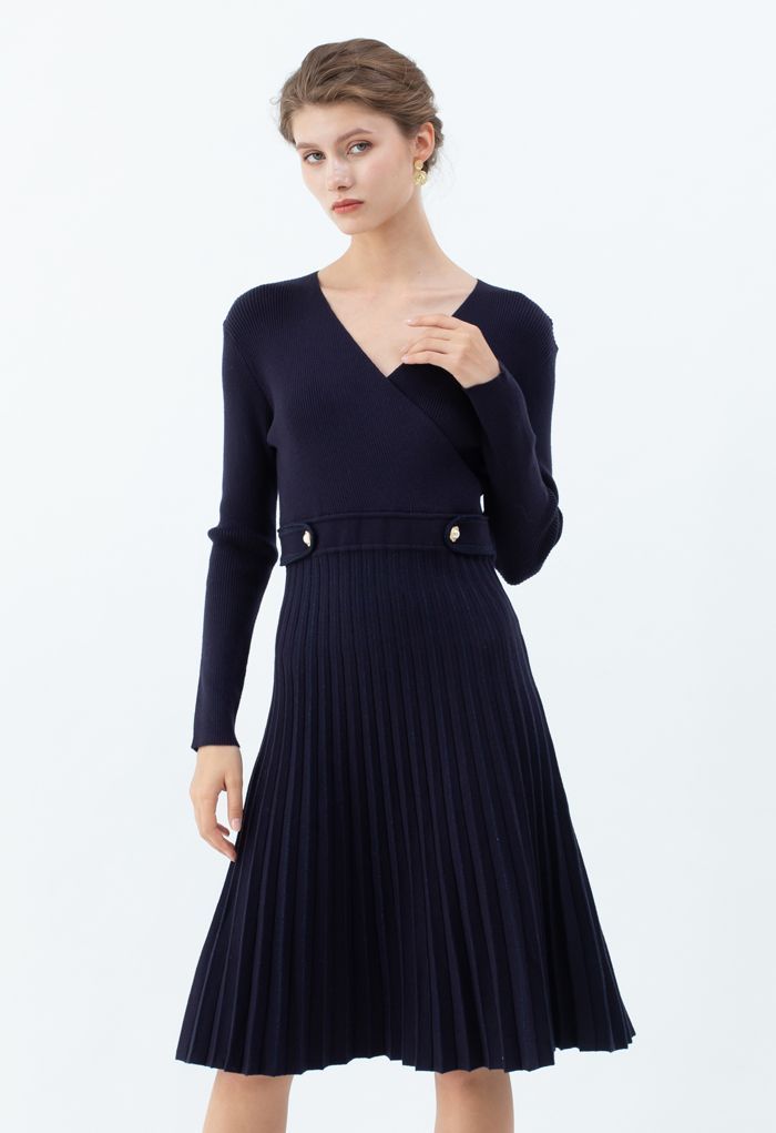 Button Embellished Wrap Pleated Knit Dress in Navy | Chicwish