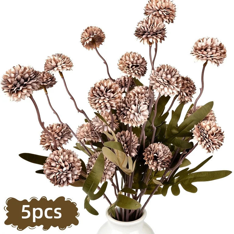 Qissep 5Pcs Faux Artificial Flowers, Faux Silk Pompon Mum,Fake Small Mini Chrysanthemums with Ste... | Walmart (US)