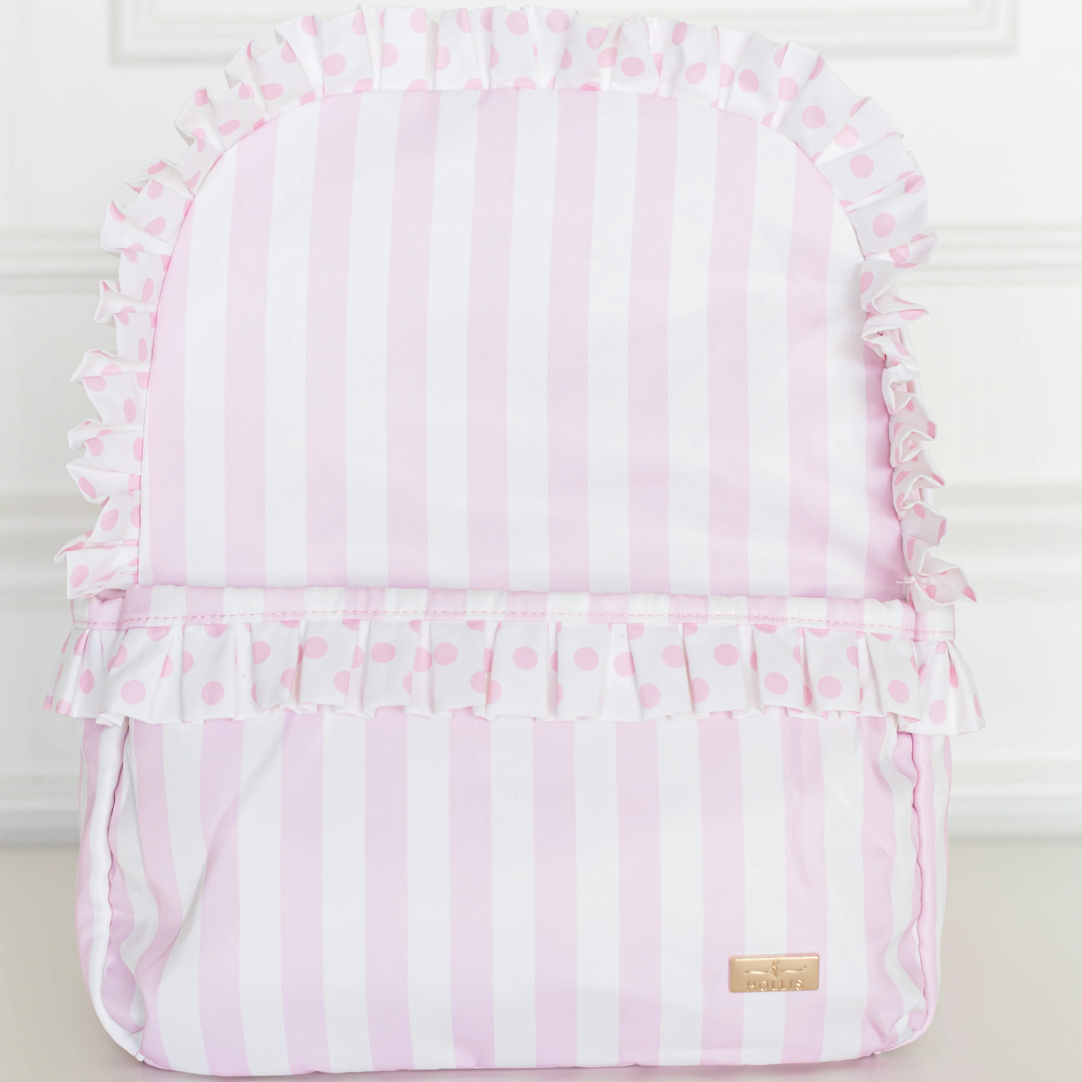 Pink Polka Stripe Ruffled Nylon Backpack | Hollis