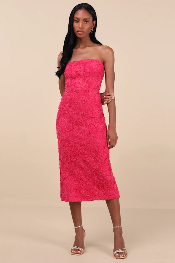 Flawless Perfection Fuchsia Floral Applique Strapless Midi Dress | Lulus