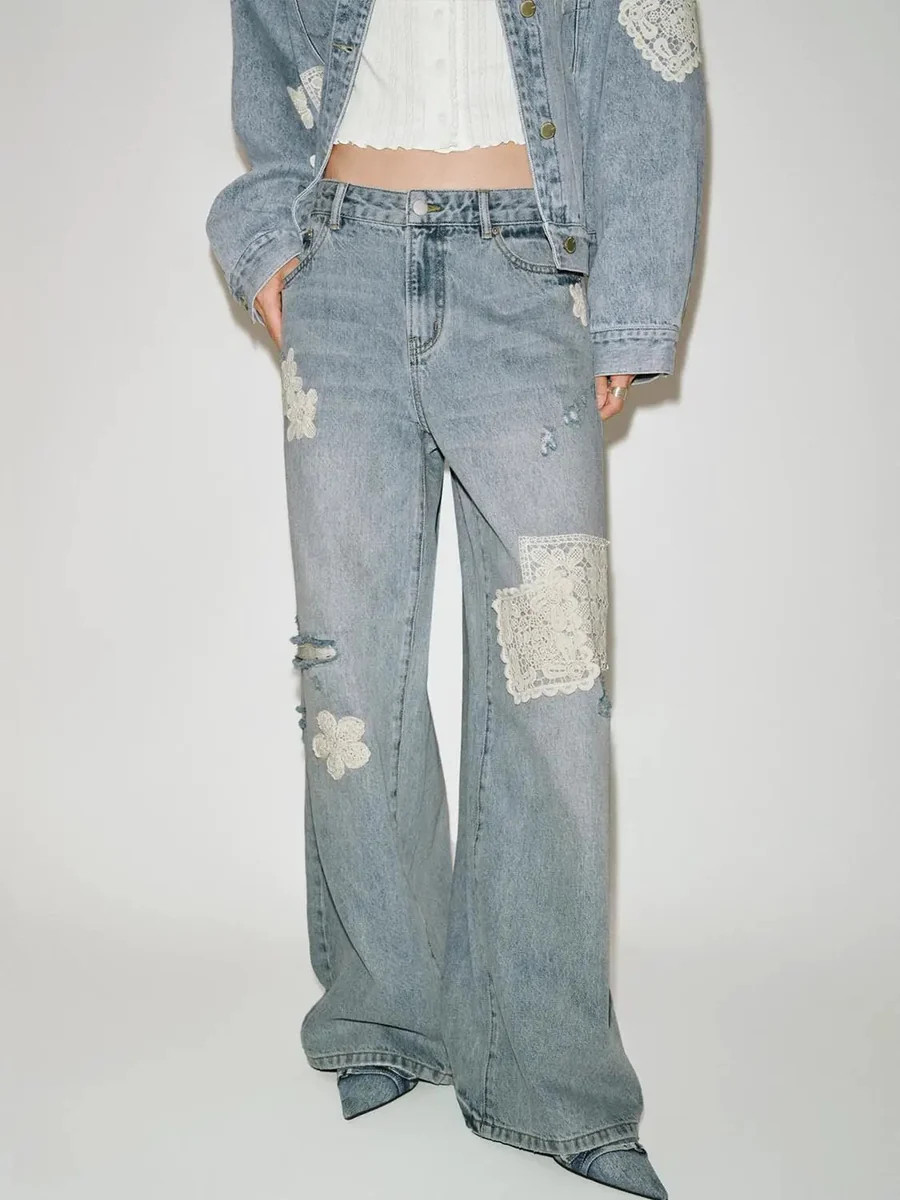 Lace Patch Wide Leg Jeans | Urban Revivo
