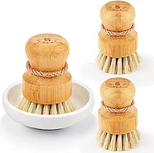 Bamboo Dish Scrub Brushes by Subekyu, Kitchen Wooden Cleaning Scrubbers Set for Washing Cast Iron... | Amazon (US)