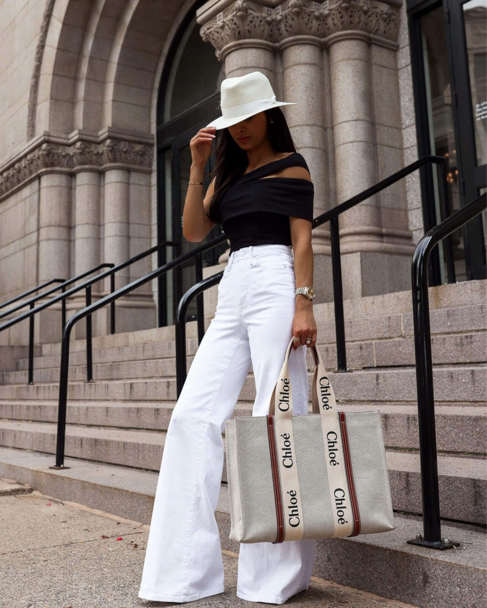 Chic summer outfit
White flared jeans
Agolde bodysuit similar
Rag & bone hat
Chloe woody tote 

#LTKFindsUnder100 #LTKStyleTip #LTKSaleAlert